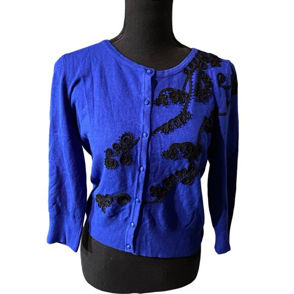 Cable & Gauge Sweaters - Cable & Gauge Blue Cardigan with Black Ribbon and Beaded Detail, Sz S